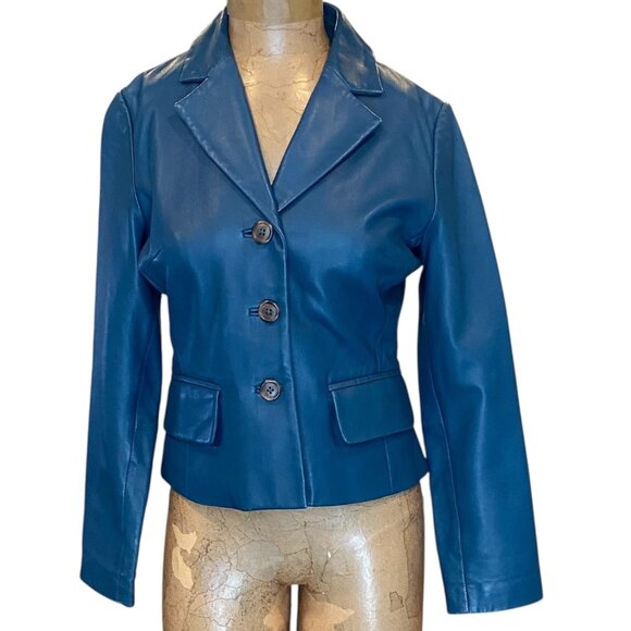Margaret Godfrey 100% Genuine Leather Jacket Sz 8 Petite Teal Blue 287L - Picture 1 of 7